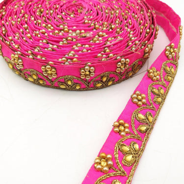 Fuchsia Silk Fabric Lace Trim Floral Embroidery & Indian Stones Kundan Embellishment, Decorative Sari Trim, Floral Border Trim By Yard